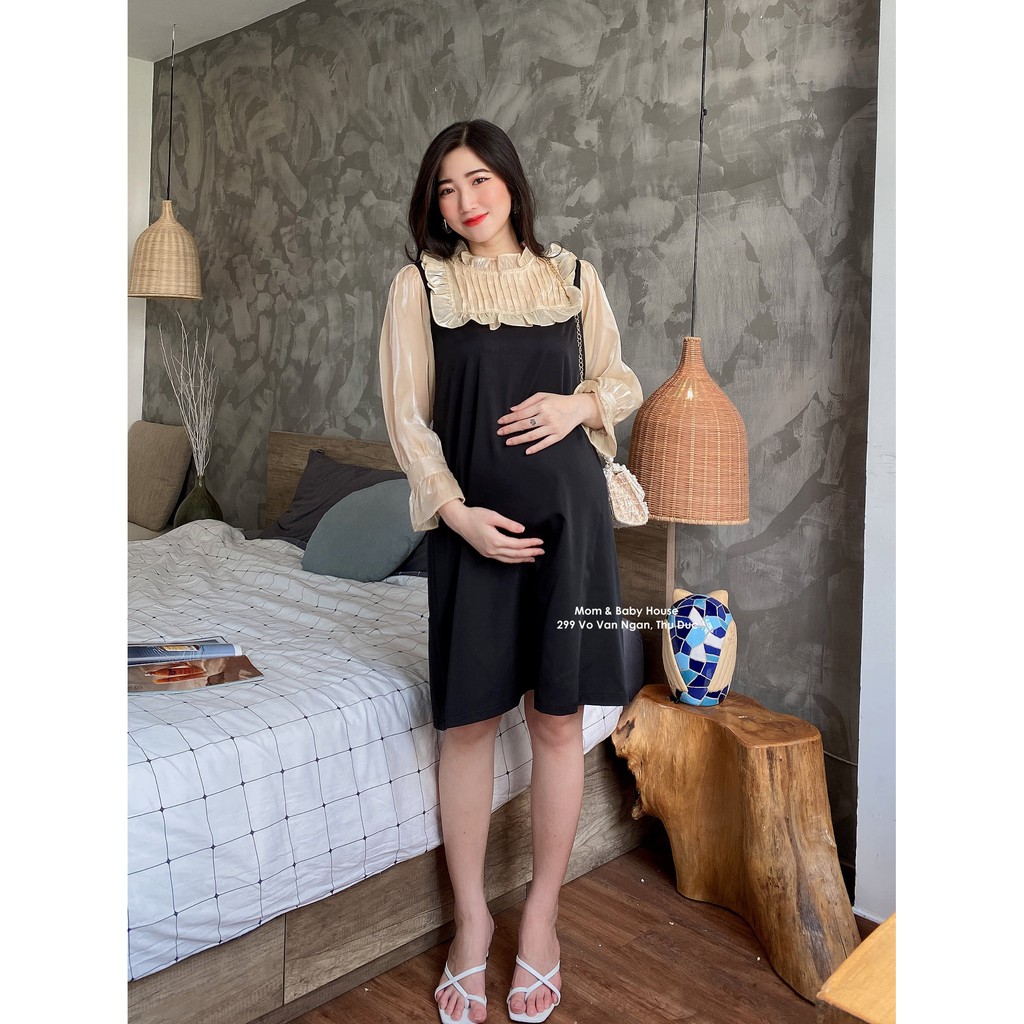EVERMOM | Đầm bầu tiểu thư tay bo phồng cổ bèo