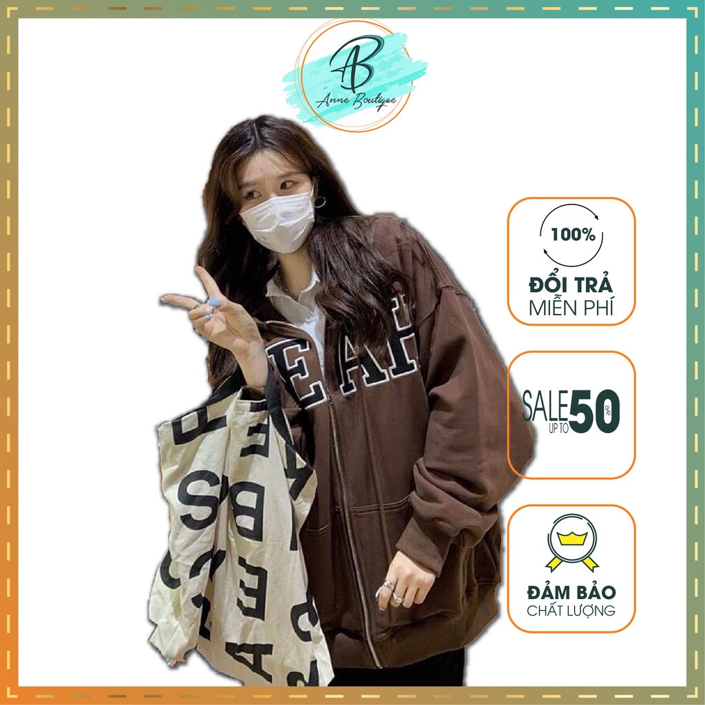 Áo Khoác Nỉ Nâu In Chữ Yeah, Áo Khoác Nỉ Nam Nữ Form Rộng Chất Dày Dặn Anne Boutique Mã 753