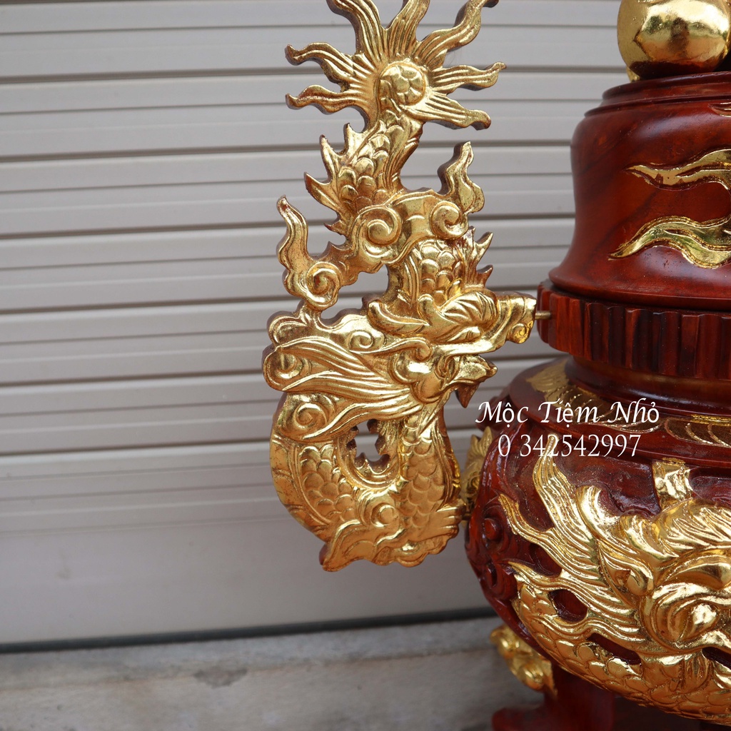Đỉnh thờ lư hương trạm song long gỗ hương rát vàng cao 51,61cm