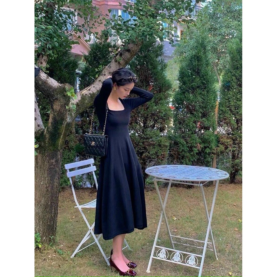 Váy midi len zip cổ U nữ - Đầm dáng xòe tay dài thun trơn bánh bèo tiểu thư ulzzang HOT | BigBuy360 - bigbuy360.vn