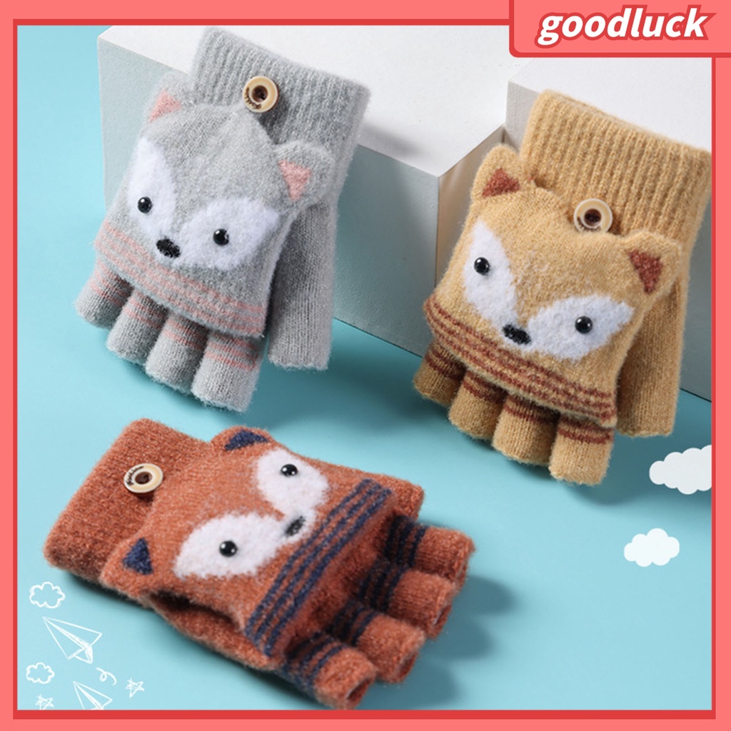 1 Đôi Găng Tay Hở Ngón Co Giãn In Họa Tiết Cáo Hoạt Hình Thời Trang Mùa Đông Cho Bé Trai Và Gái 6-10 Tuổi