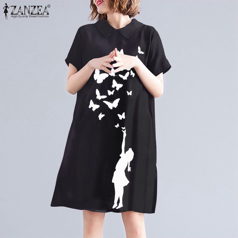 Đầm ZANZEA midi tay ngắn cổ búp bê in họa tiết bướm phong cách đường phố thời trang cho nữ
