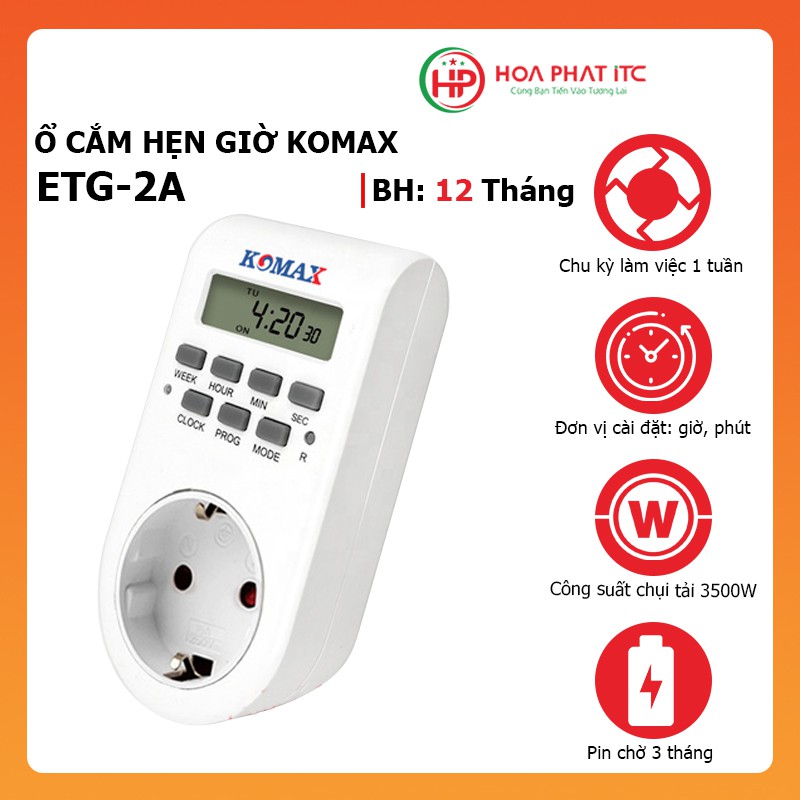 Ổ cắm hẹn giờ bật tắt thông minh Komax ETG-2A hẹn giờ bặt tắt theo chu kỳ 7 ngày