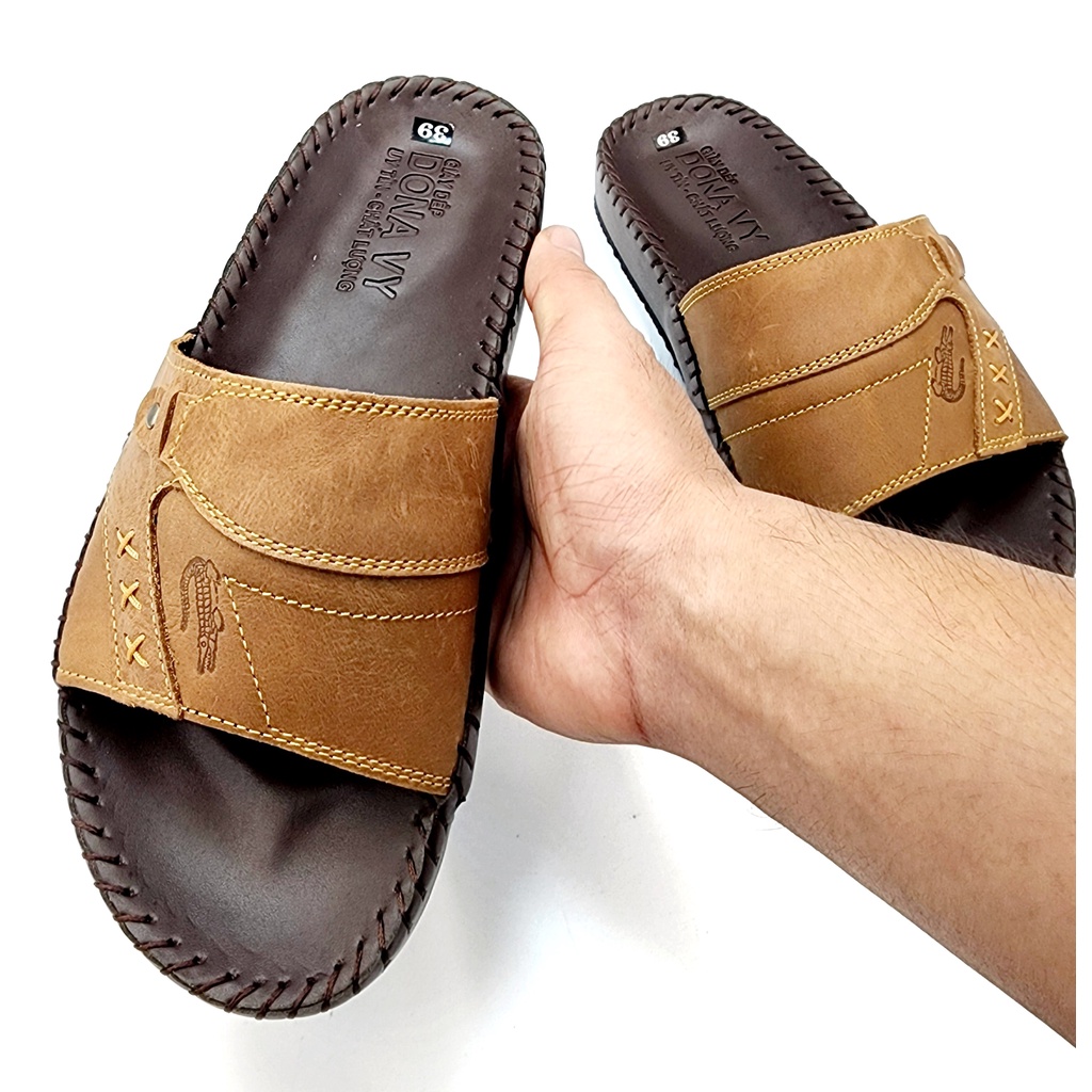 Dép Quai Ngang Nam Da Bò Thật 100% DONAVY Cao Cấp, Bản In Chìm Cá Sấu Sắc Nét ,Khâu Quai Chắc Chắn Bao Đi Nước D.CS3X