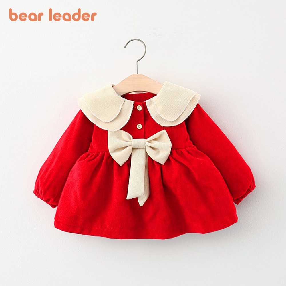 BEAR LEADER Đầm Tay Dài Màu Trơn Đính Nơ To Thời Trang Mùa Thu Xinh Xắn Cho Bé Gái 0-24 Tháng Tuổi