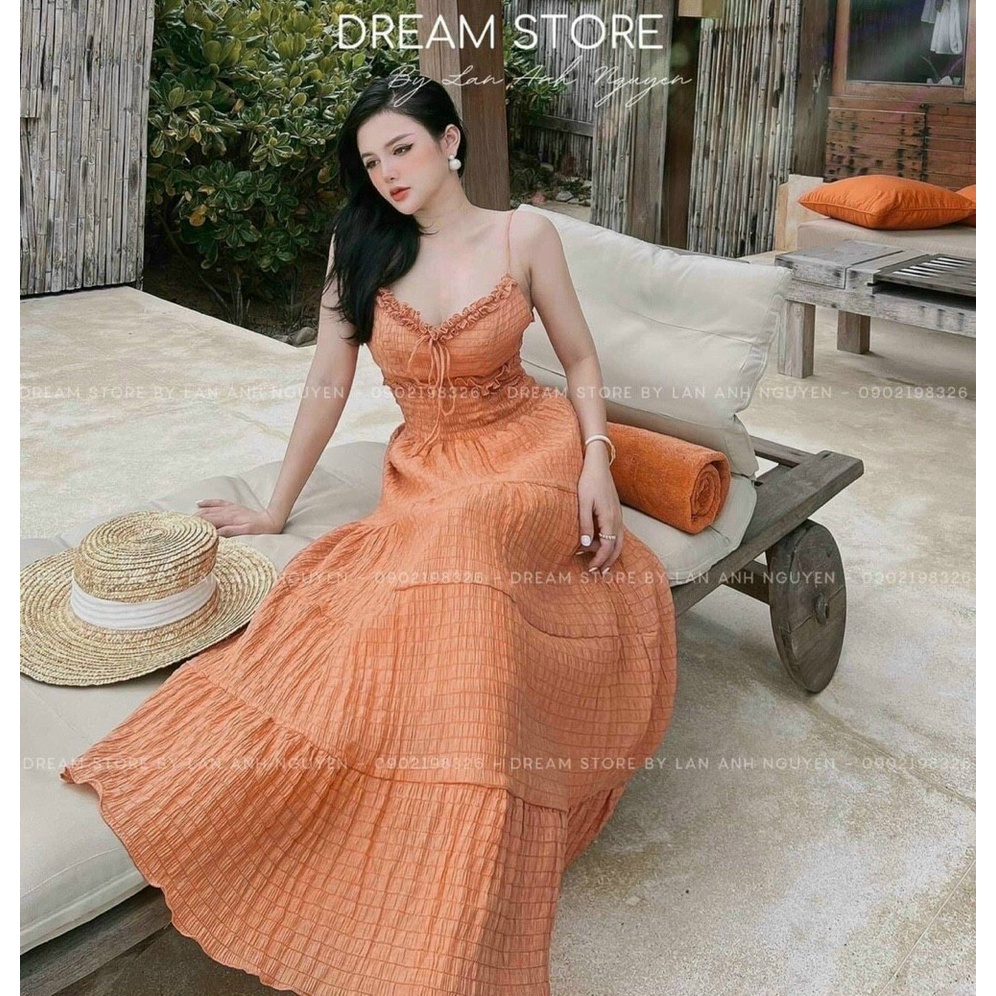 Đầm váy nữ 2 dây maxi phối viền bèo nhún eo với 3 màu trending xinh xắn dành cho các tình yêu đi biển, dạo phố