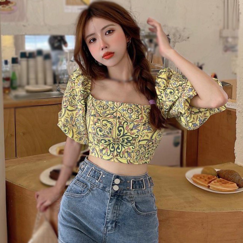 Áo Croptop Tay Ngắn Chất Liệu Chiffon Hoạ Tiết Hoa Phong Cách Nữ Tính
