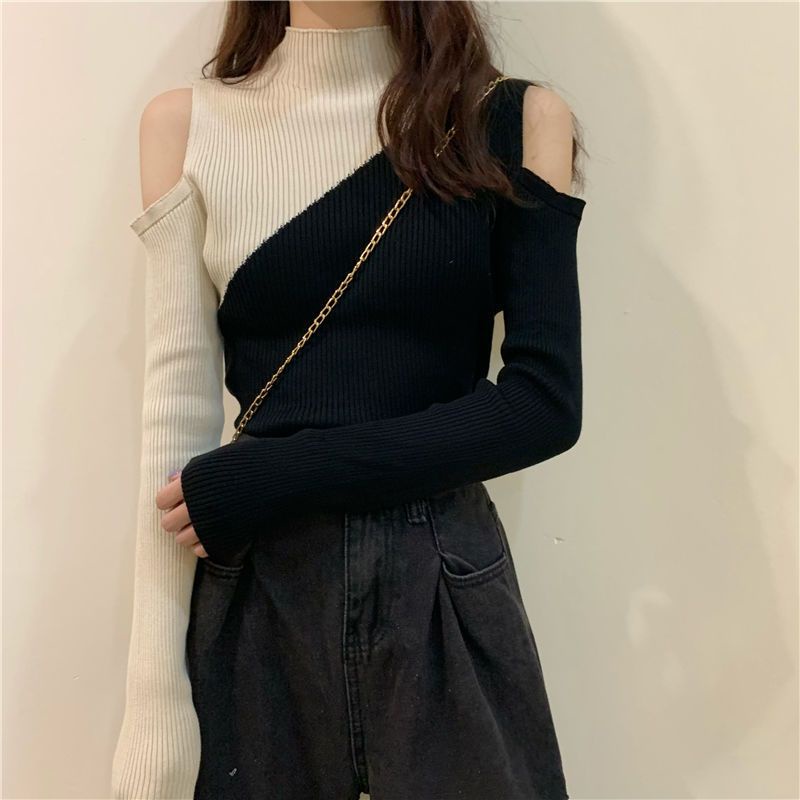 Áo Dệt Kim Tay Dài Cổ Lọ Phối Màu Tương Phản Phong Cách Hàn Quốc Thời Trang Mùa Đông Cho Nữ