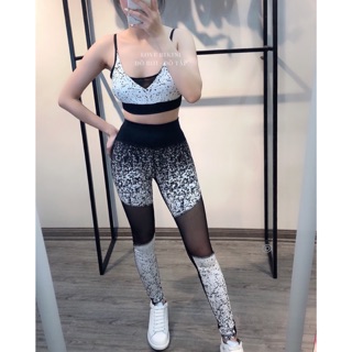 Bộ tập gym nữ , đồ tập thể thao nữ hai dây ombre đen trắng pha lưới