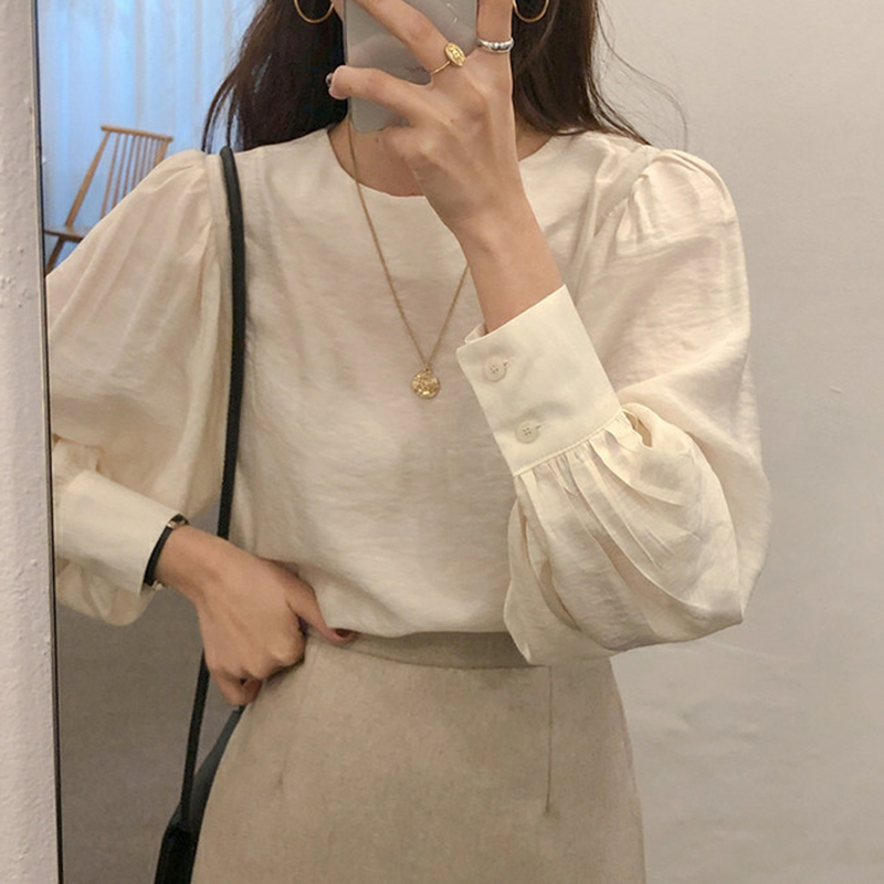 Áo Kiểu Tay Phồng Cổ Tròn Màu Trơn Thiết Kế Dáng Rộng Thoải Mái Hợp Thời Trang