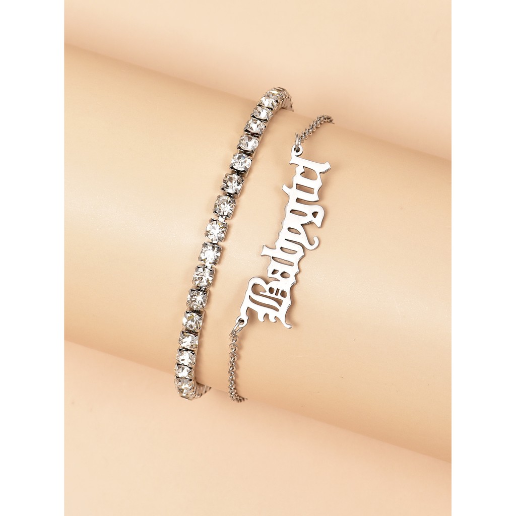 Bộ 2 lắc chân đơn giản bằng kim loại không gỉ đính đá họa tiết chữ babygirl cho nữ