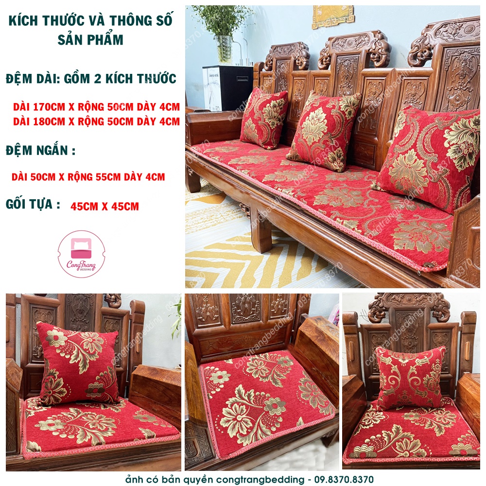 Thảm trải ghế phòng khách, trọn bộ đệm ghế sofa, thảm trải ghế gỗ, gối tựa thêu vi tính vải gấm cao cấp