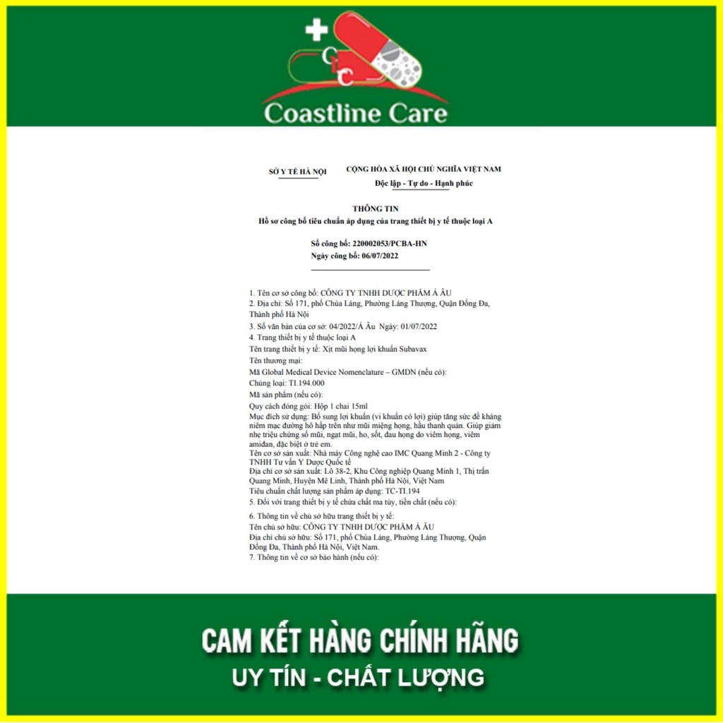 Nhỏ Mũi Họng Lợi Khuẩn SUBAVAX - Giảm sổ mũi, ngạt mũi, đau họng amidan -Chai 10 ml - CLC Pharmacy