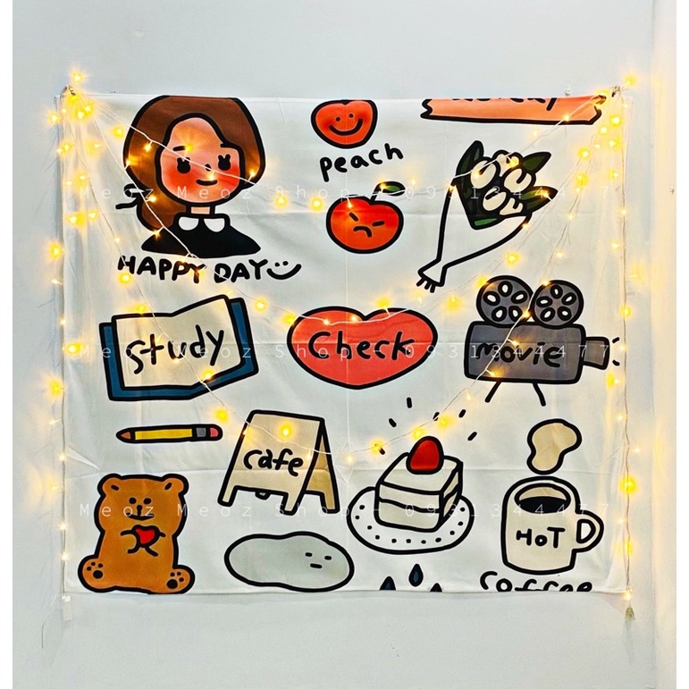 [Hình thật] Thảm Vải Treo Tường Nhiều Sticker - kèm dây đèn và đồ treo