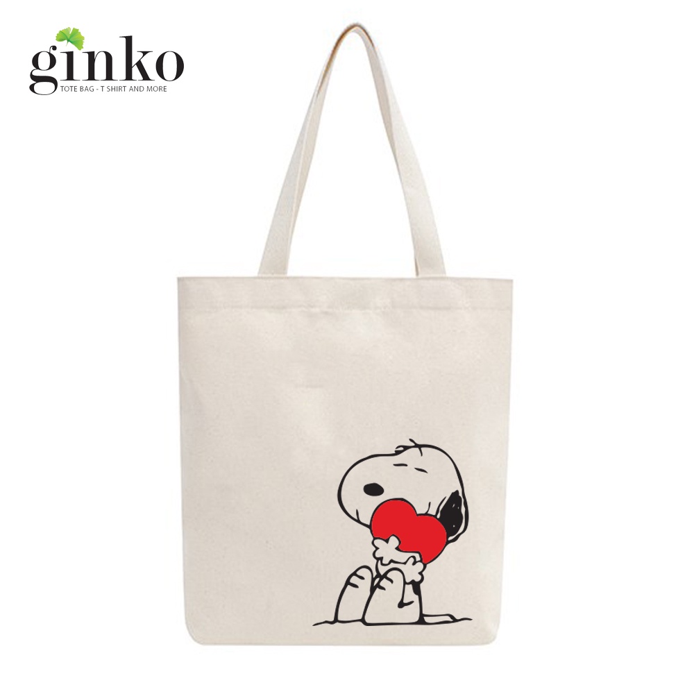 Túi tote vải mộc GINKO dây kéo in hình Snoopy and Friends M105