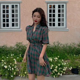 Order _ đầm caro cổ vest hở eo
