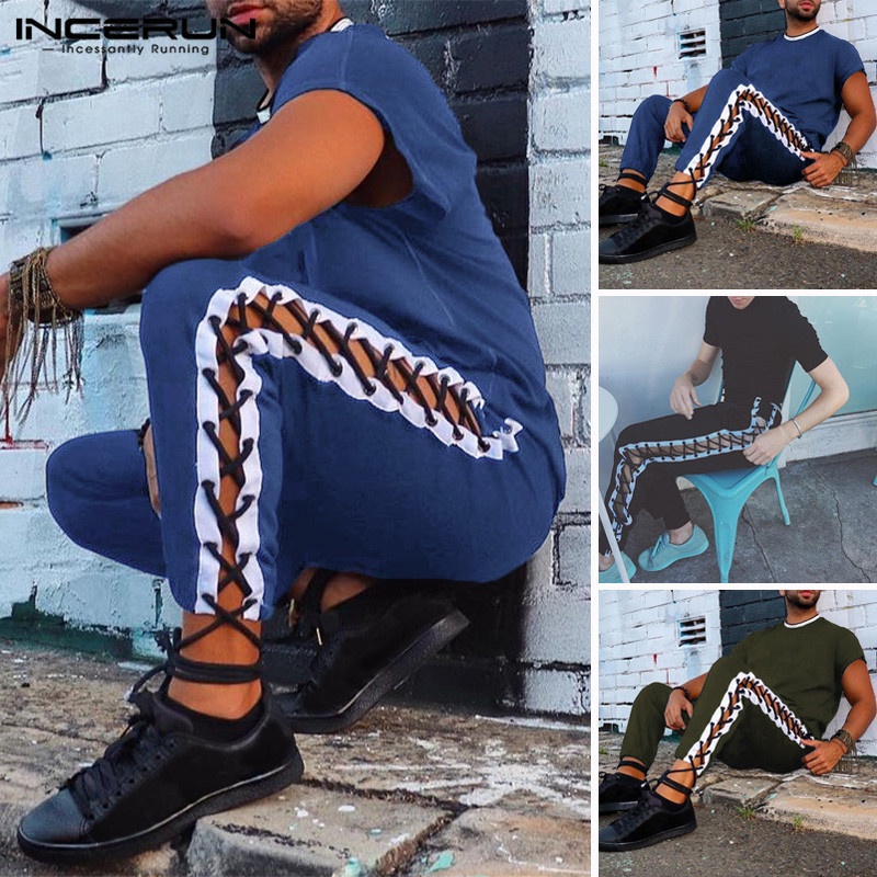 Quần baggy INCERUN eo thun có dây cột bên hông 3 màu dành cho nam giới