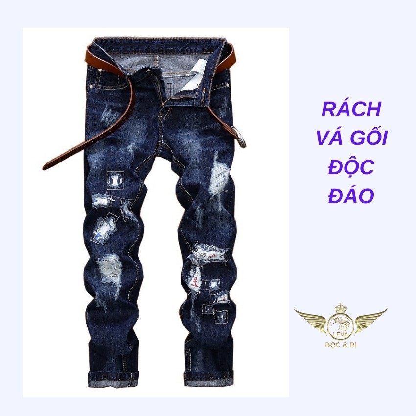 Quần jean rách đẹp ống suông độc lạ LEVAMEN chất liệu vải bò jeans co giãn nhẹ  vá gối độc đáo QJ063 | BigBuy360 - bigbuy360.vn