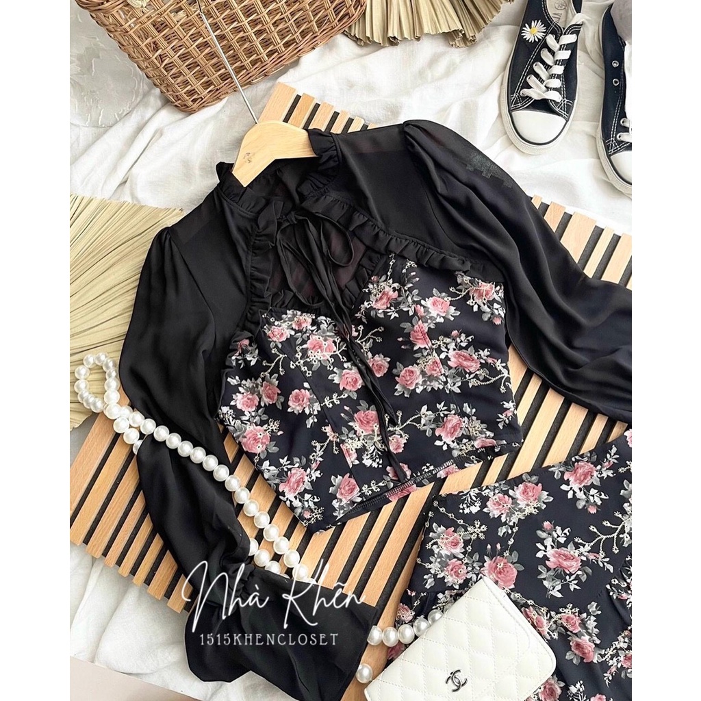 Set áo tay dài khoét ngực chân váy hoa đen