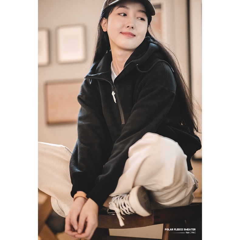 MADEN Áo sweater Sáp Mềm Mại Chui Đầu Tay Dài Có Khóa Kéo Trước Màu Đen Phong Cách Nhật Bản Thời Trang Mùa Thu 2022