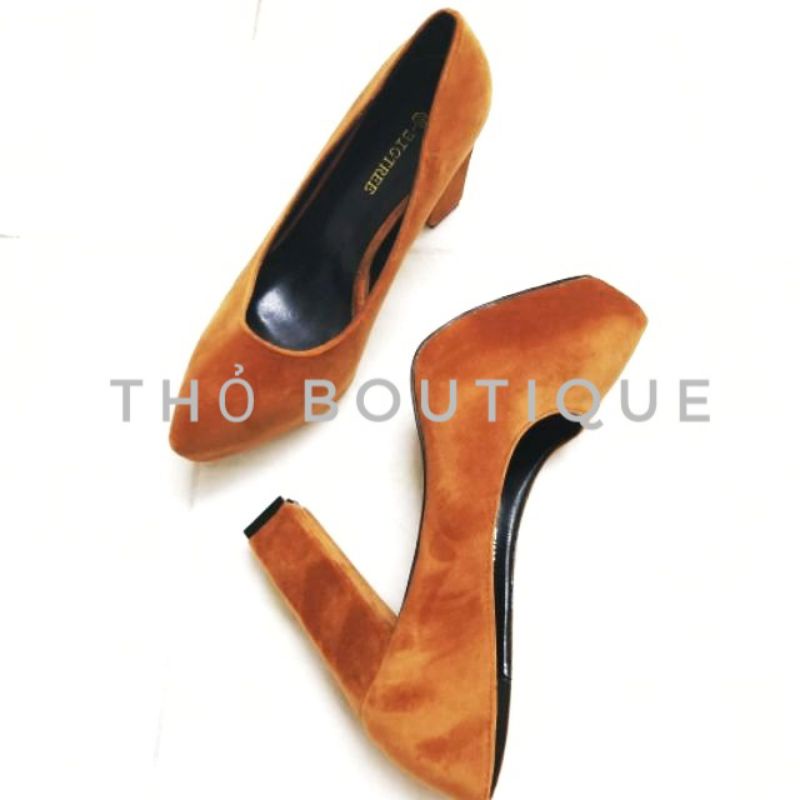 Giày cao gót BIGTREE chính hãng nhung mịn nâu bò gót vuông đế kép 10cm size 37