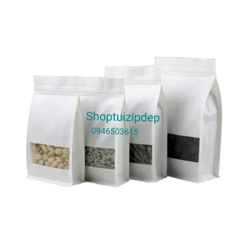 1kg túi zip giấy kraft TRẮNG 8 CẠNH, cửa sổ tràn có Cán màng chống thấm tốt