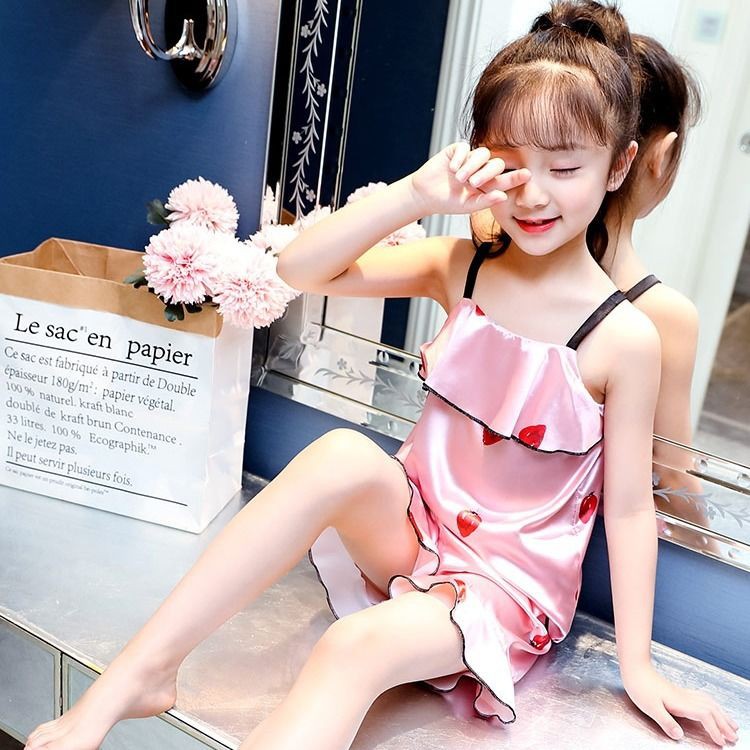 Con gái Bộ đồ ngủ mặc nhà Sling Quần áo điều hòa Ice Silk mỏng kiểu công chúa hai mảnh dễ thương