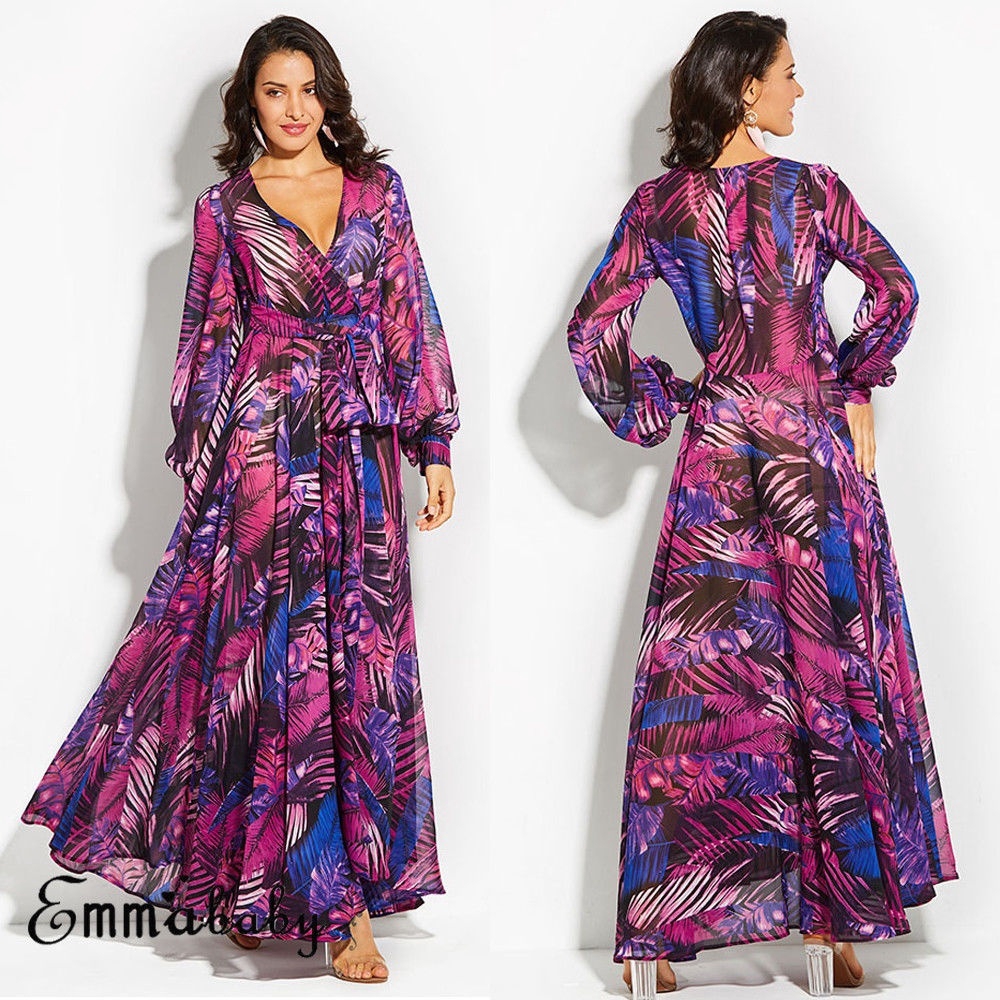 Đầm dáng rộng tay dài cổ chữ V in hoa thời trang dành cho nữ