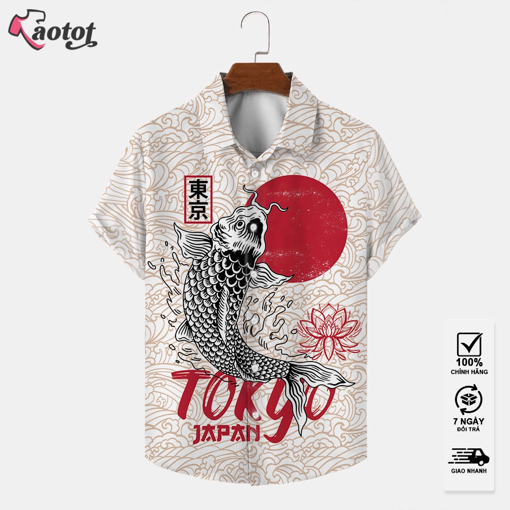 Áo Sơ Mi Hoạ Tiết 3D Cá Chép Nhật Bản Tokyo Japan, Áo Tay Ngắn Cổ Đứng , Vải AOTOT Cao Cấp