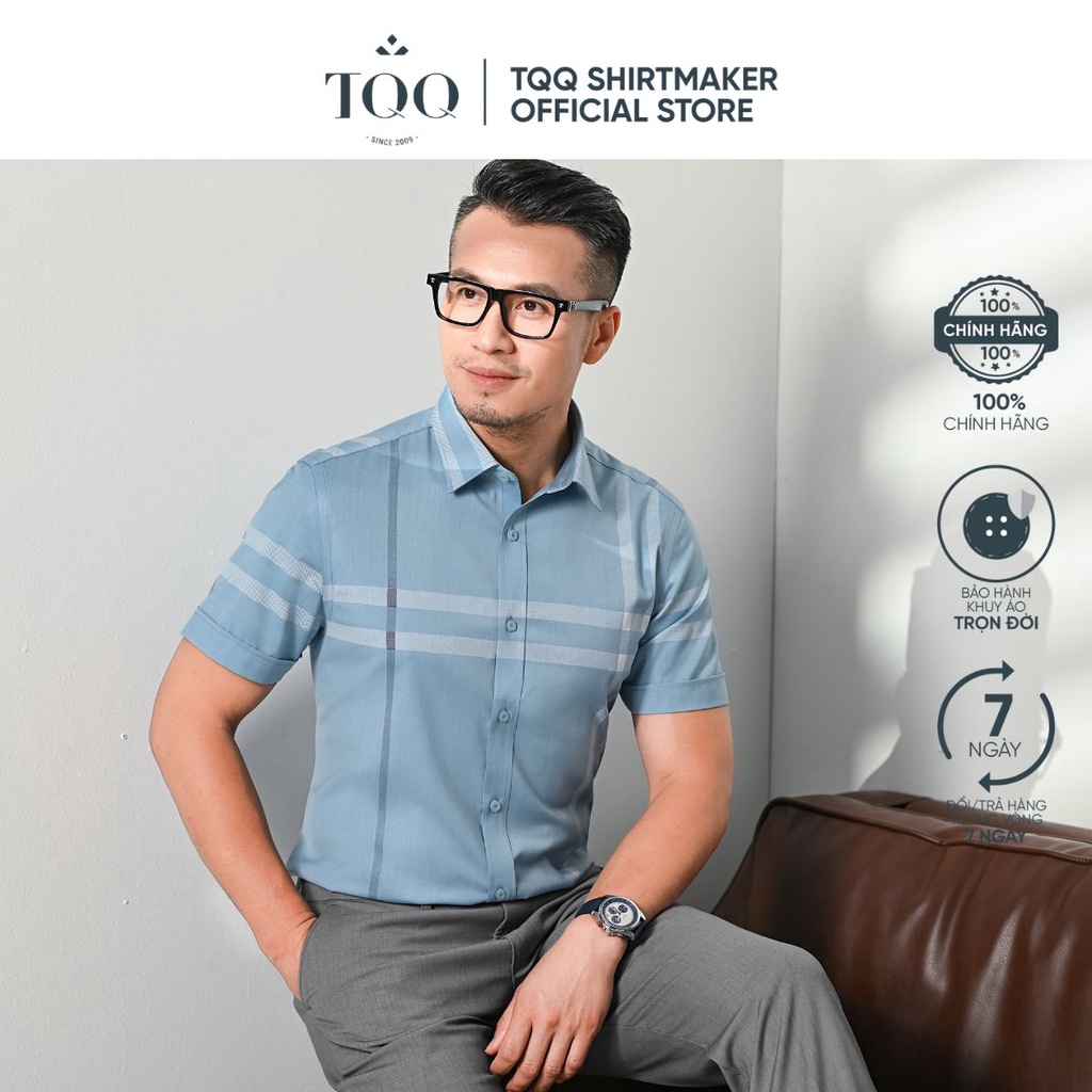 Áo sơ mi nam ngắn tay TQQ dáng Slim fit công sở ôm nhẹ K434CB màu xanh biển lịch thiệp chất vải cao cấp hạn chế nhăn