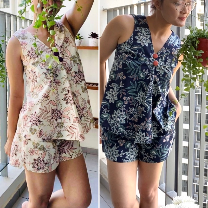 Trời trang mặc nhà cao cấp cotton lụa áo vạt chéo quần đùi
