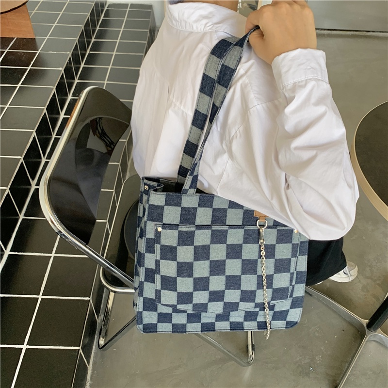 Túi đeo vai chất canvas sức chứa lớn họa tiết kẻ sọc hợp thời trang 2021 cho nữ