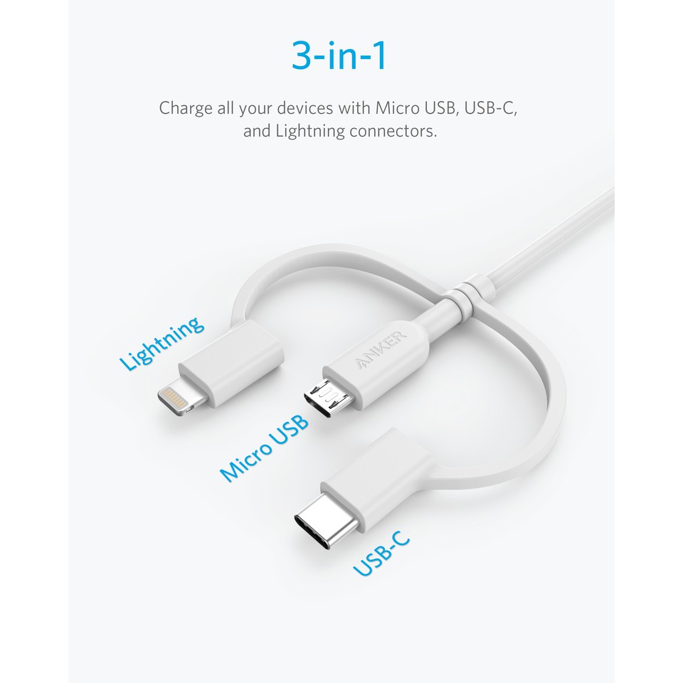 Cáp sạc 3 in 1 ANKER Powerline II 0.9M - A8436 (Lightning - Type C - Micro USB)