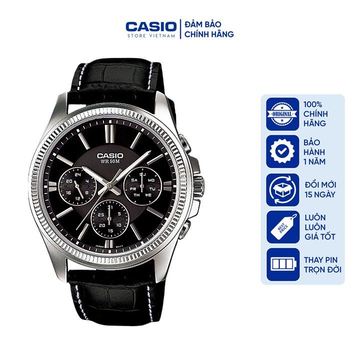 Đồng hồ Nam Casio MTP-1375L-1A, đồng hồ chính hãng, dây da đen mặt đen