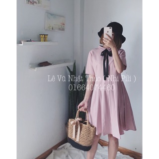 Đầm sơ mi xếp li hồng