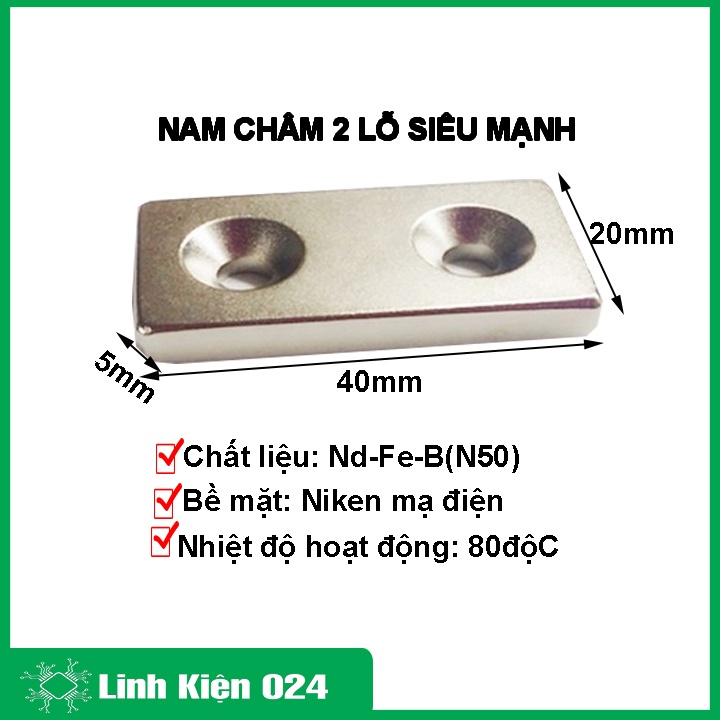 Nam châm 40x20x5mm lỗ đôi siêu khỏe, chất liệu cao cấp, chống gỉ và ăn mòn tốt