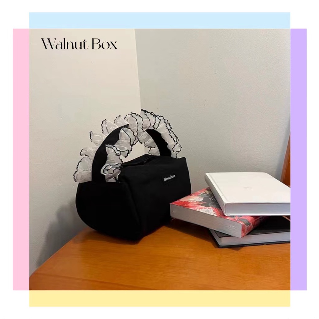 Túi Đựng Đồ Trang Điểm Bằng Vải Canvas Phối Ren Xinh Xắn