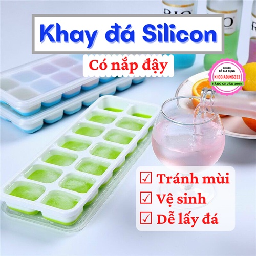 [SIÊU HOT] Khay đá silicon  Vỉ làm đá có nắp đậy kháng mùi tủ lạnh bảo quản thực phẩm 14 ô lấy đồ trữ đông dễ dàng