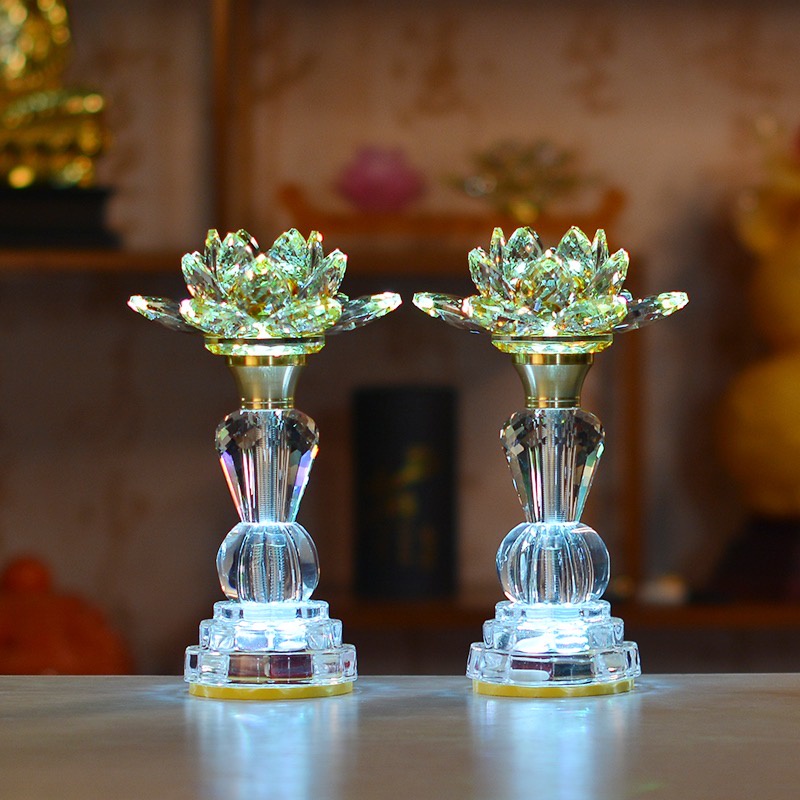 Đèn Thờ Cúng Hoa Sen Pha Lê - Đèn Pha Lê Thân Bi Cao Cấp