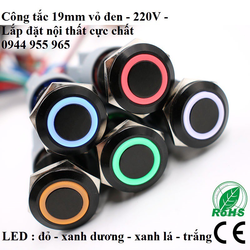 Công tắc LED 19mm kim loại vỏ đen 220V chống nước thiết bị nội thất tủ điện y tế hồ bơi