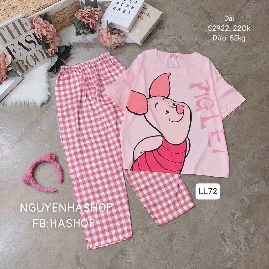 Set satin gấu pooh in 3D quần sọc kẻ caro xinh