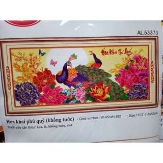 Tranh thêu chữ thập hoa khai phú quý 53373 - 115x52cm