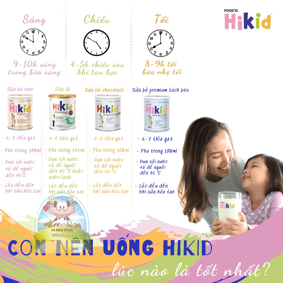 Sữa Hikid Hàn Quốc loại Vani/Tách béo/Socola/Sữa dê hộp 600gr