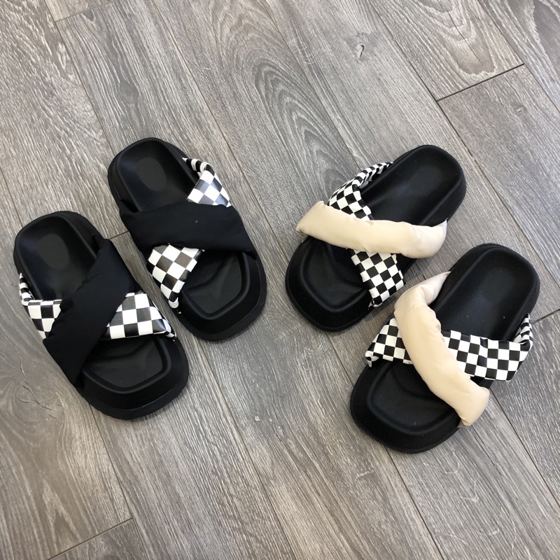 Dép Slipper Canvas Quai Chéo Chữ X Họa Tiết Checkerboard Vintage Kẻ Ô Caro