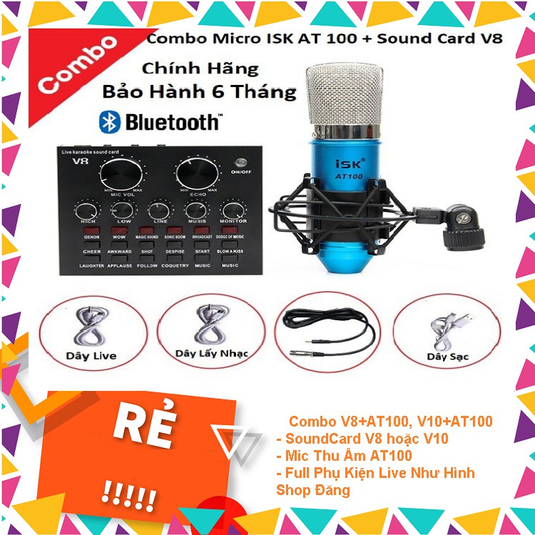 SOUND CARD V8, V10 BLUETOOTH VÀ MICRO ISK AT 100 - Combo Mico Live Stream Siêu Hay , Hát Thu Âm, Karaoke Online