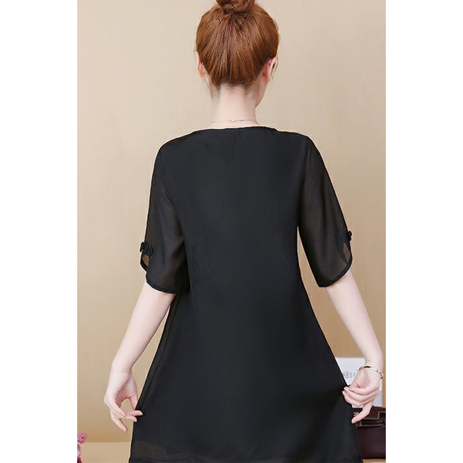 Đầm voan thêu hạc cổ xéo, đầm voan thêu cực sang trọng, dáng xòe dễ thương | BigBuy360 - bigbuy360.vn