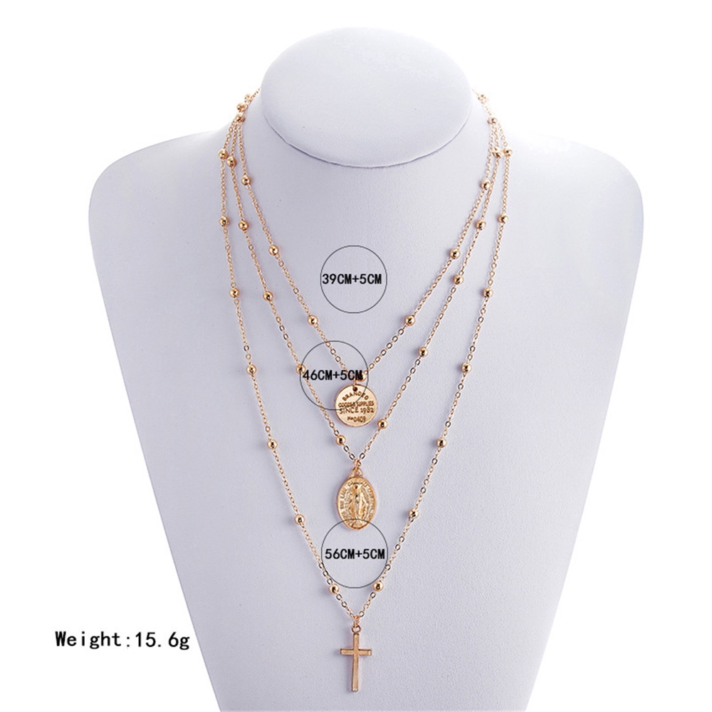 XIJING-COD 3pcs Woman Bohemian Vintage Multi-layered Gold Necklace Cross Virgin Mary Pendant Necklace