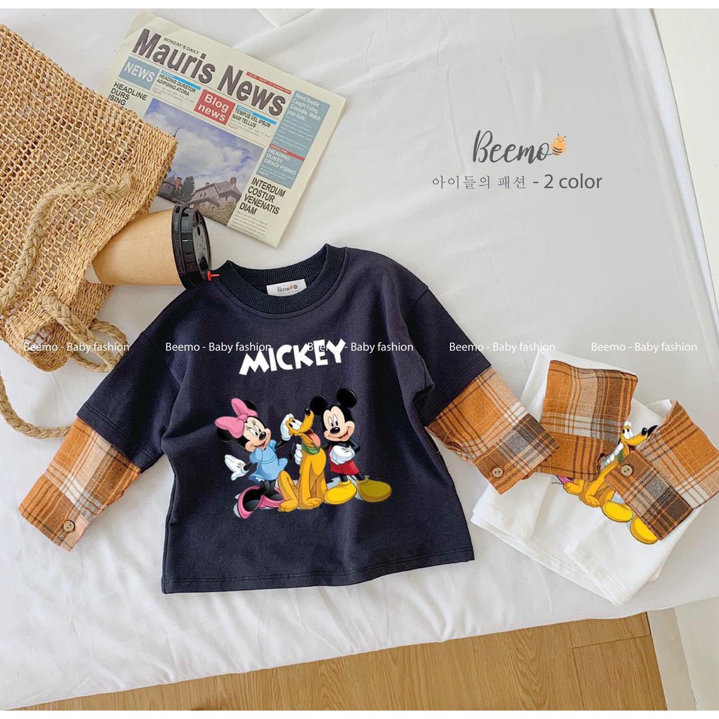 Áo nỉ Mickey tay giả sơ mi bé trai và bé gái 1-7 tuổi