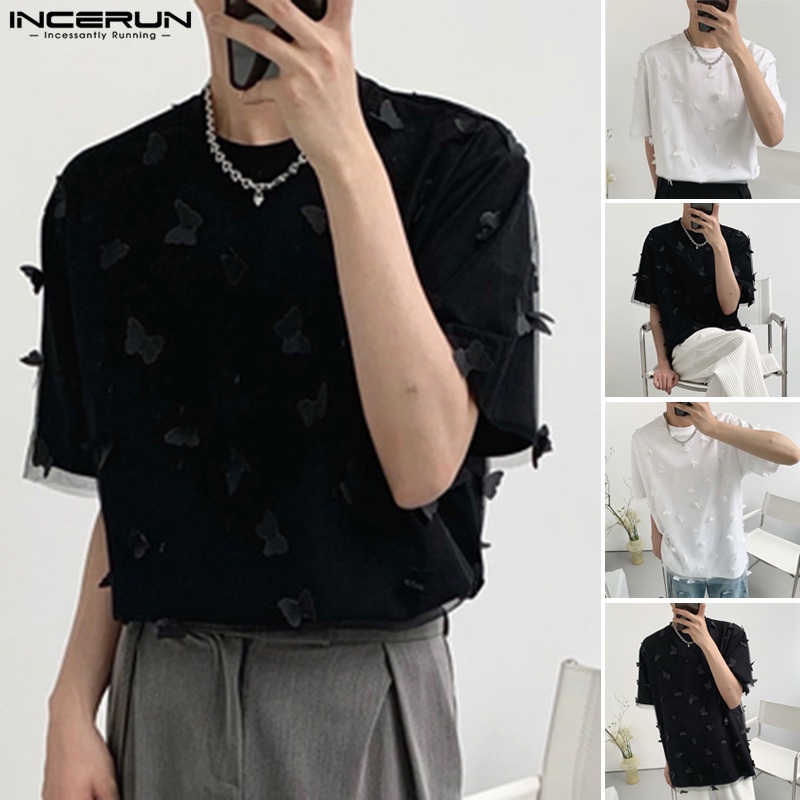 Áo thun INCERUN tay ngắn giả hai lớp màu trơn họa tiết bướm dành cho nam giới
