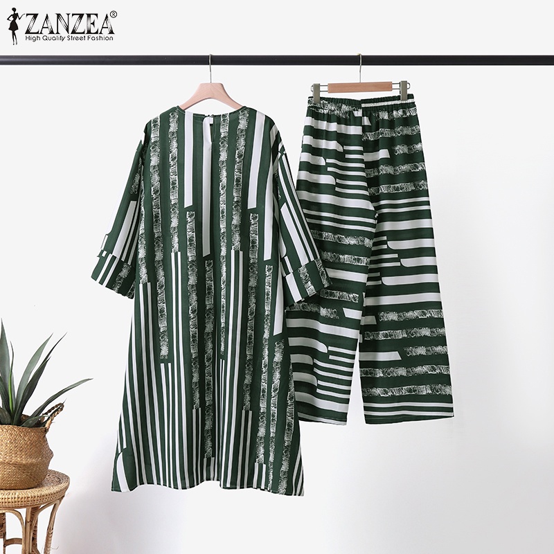 Set trang phục ZANZEA áo dáng dài tay dài và quần dài lưng thun ống rộng in họa tiết thời trang hồi giáo dành cho nữ